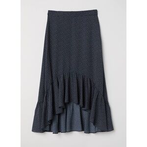 H&M Flounced Skirt Navy Blue White Floral Print Ruffle Hem